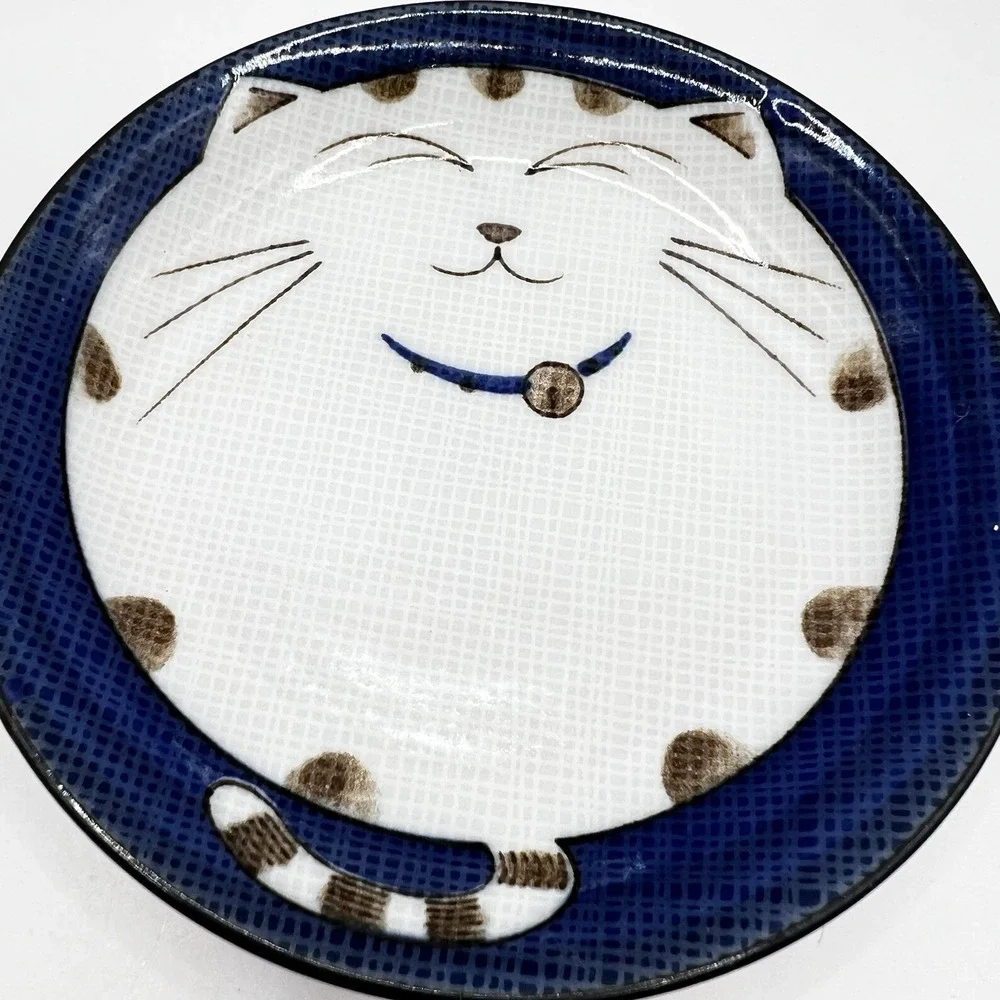 Happy Cat Sauce Bowl Blue Japan Warai Neko 4 1/2